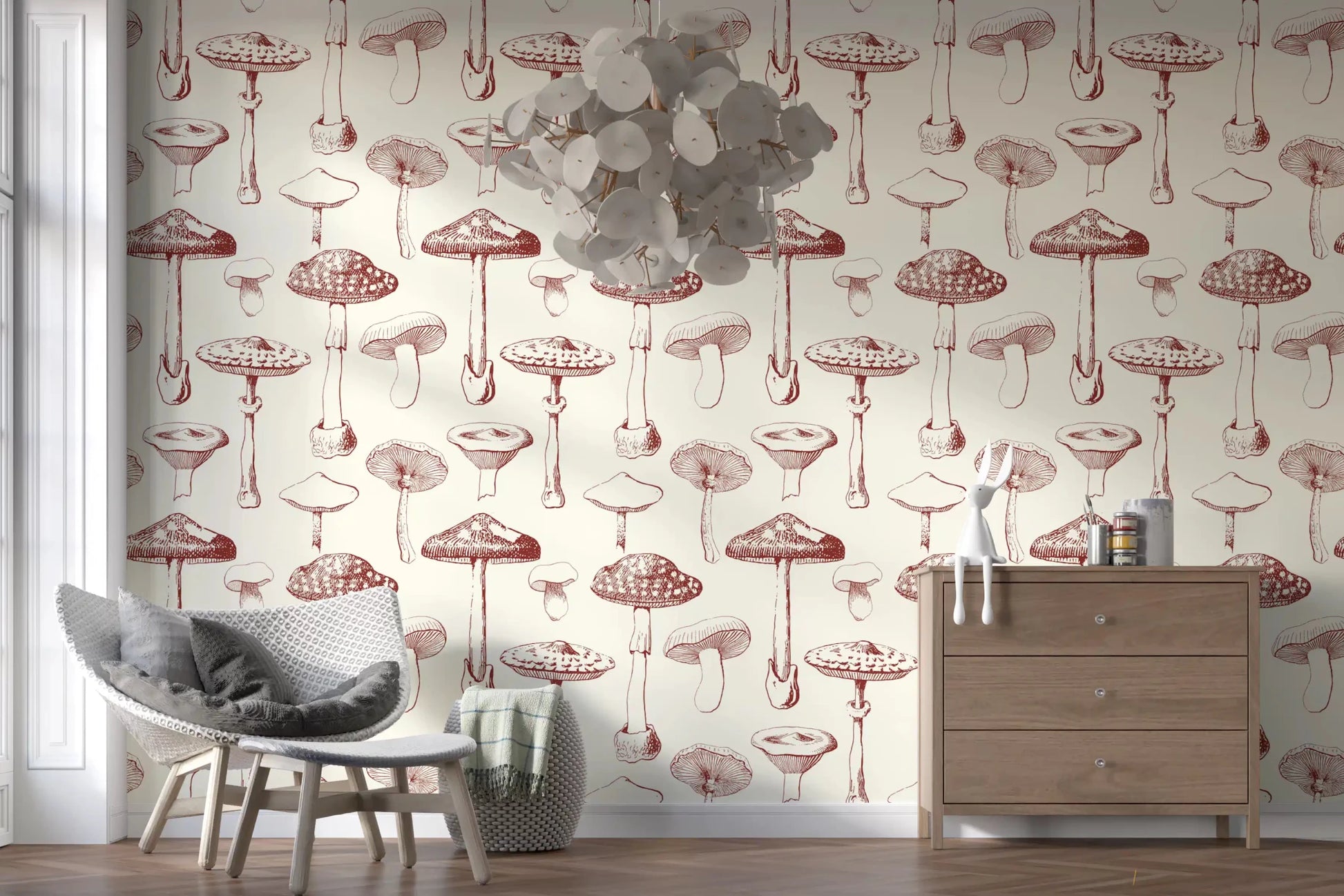 Hallway wall using Mushroom Grove wallpaper with cream sepia detail
