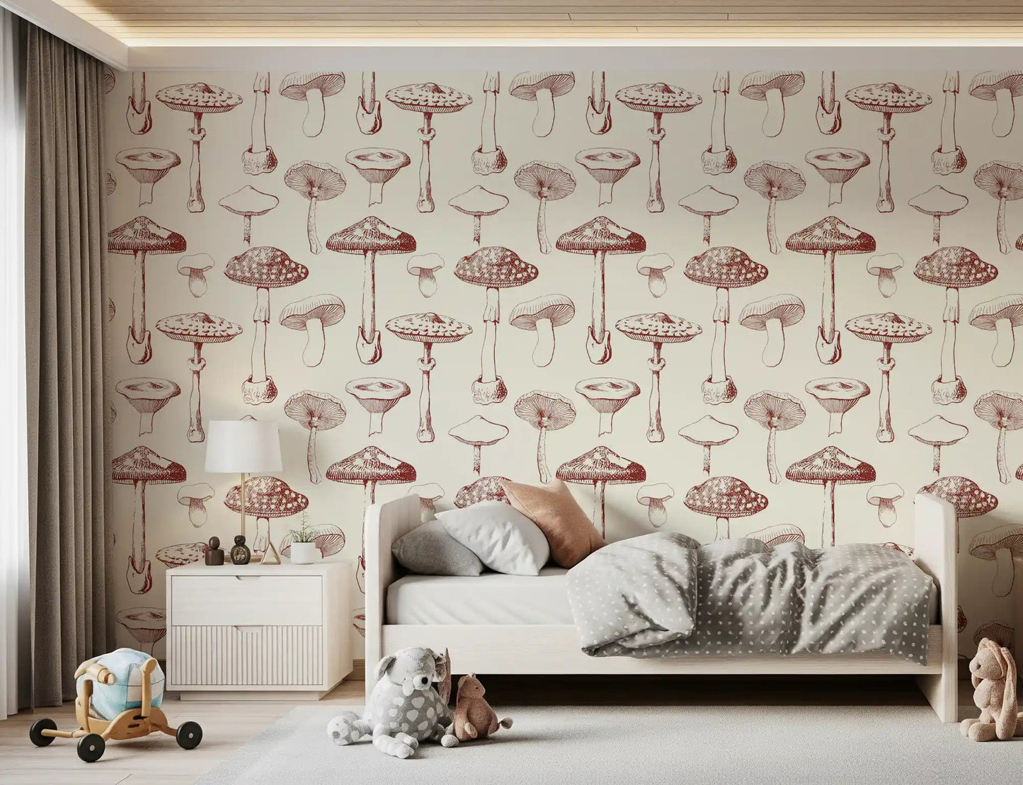 Vintage Mushroom Grove wallpaper with cream base and fine linework