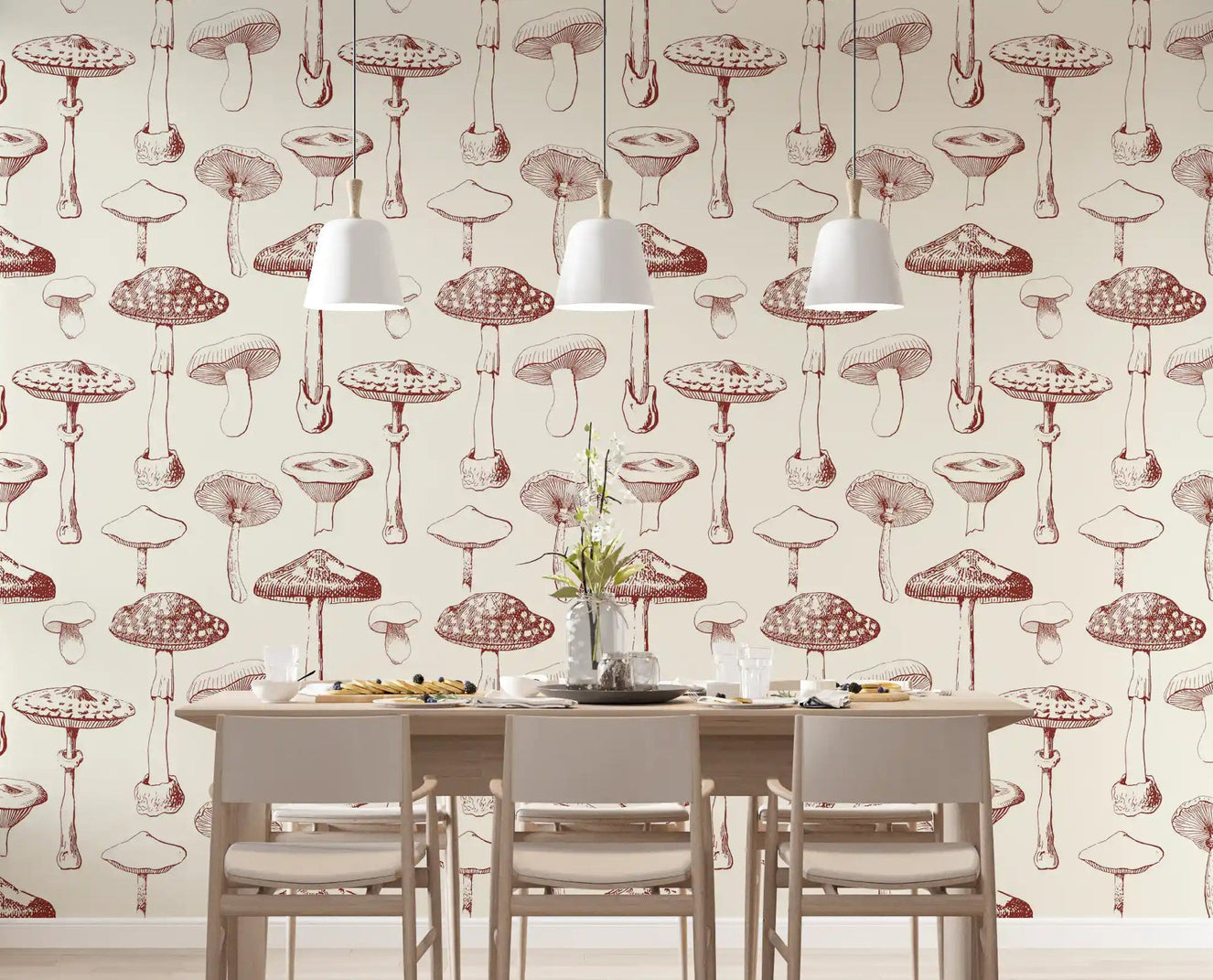Grove wallpaper with Vintage Mushroom motifs and soft sepia color
