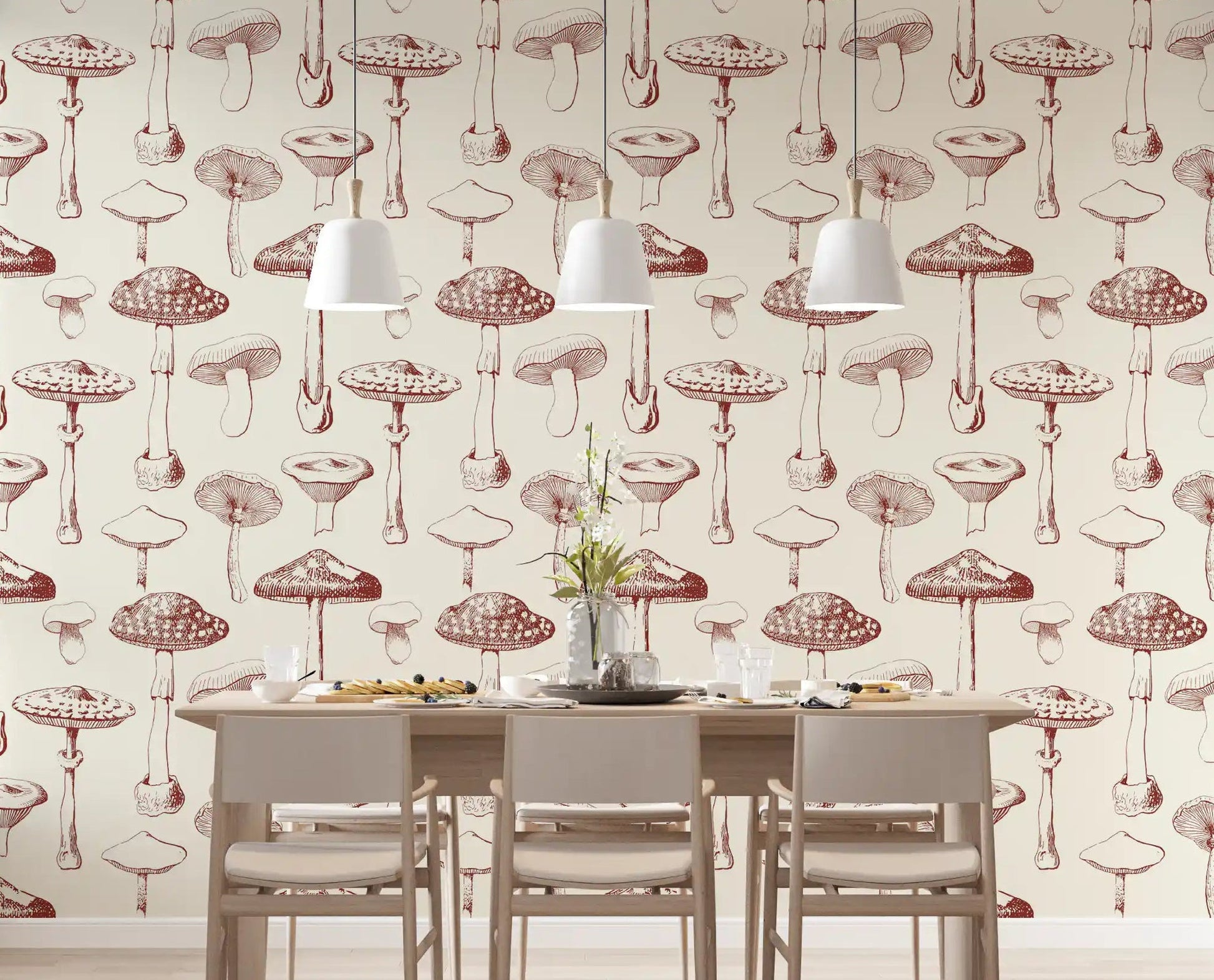 Grove wallpaper with Vintage Mushroom motifs and soft sepia color
