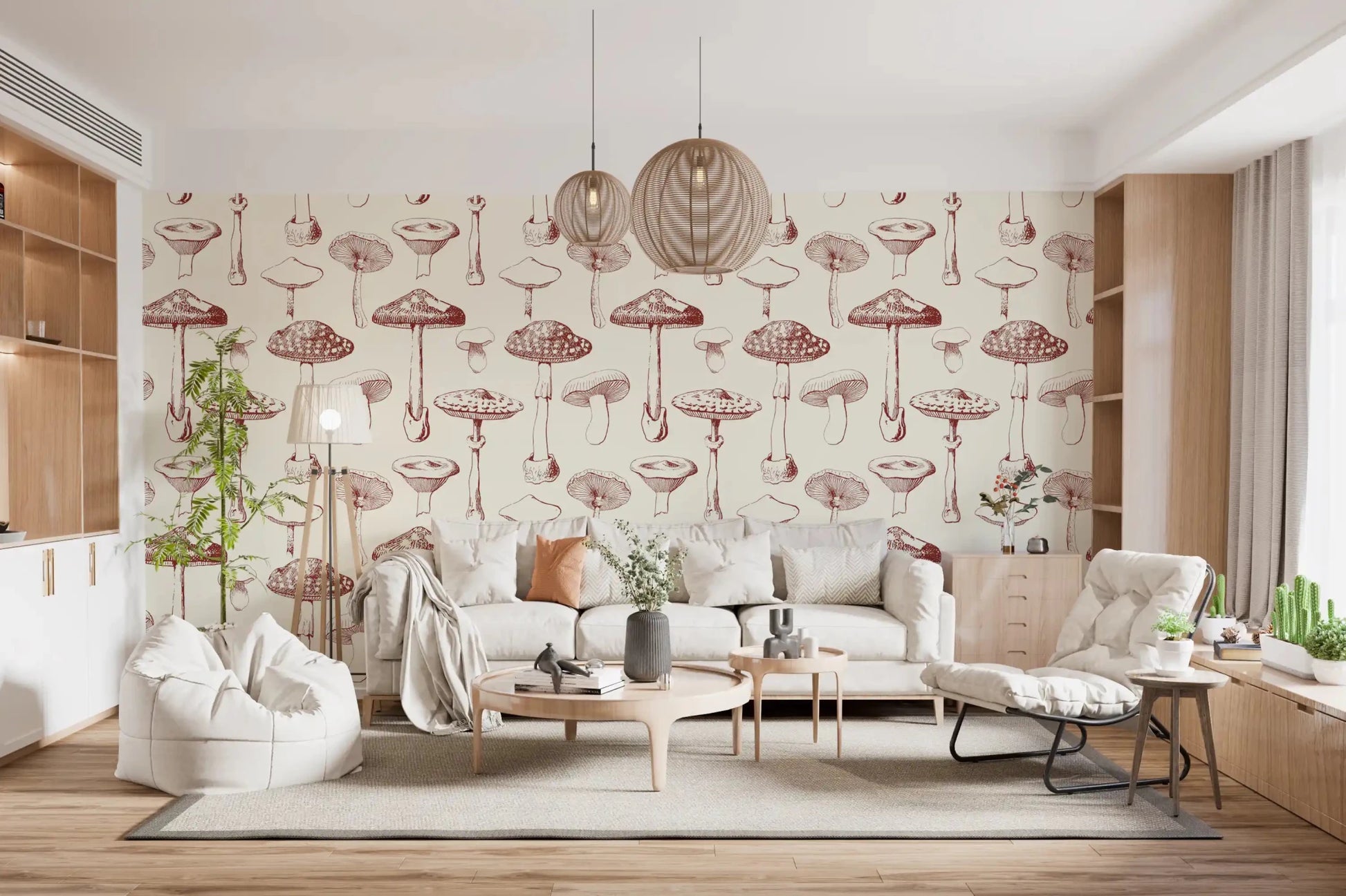 Vintage Mushroom Grove wallpaper in living room with sepia sketch art