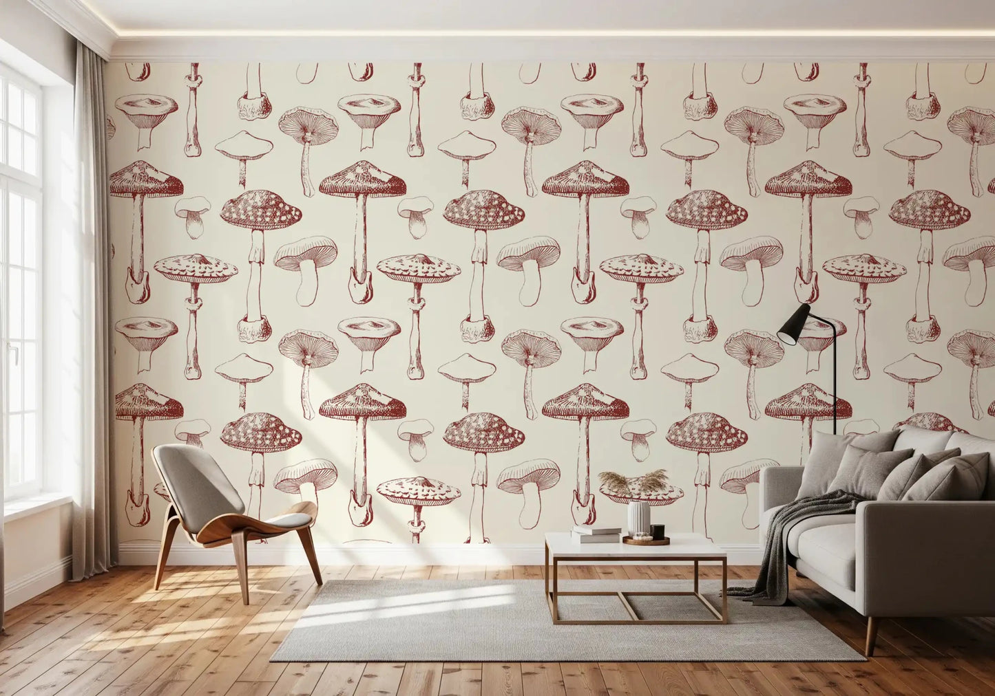 Neutral Vintage Mushroom wallpaper with delicate forest sketch detail