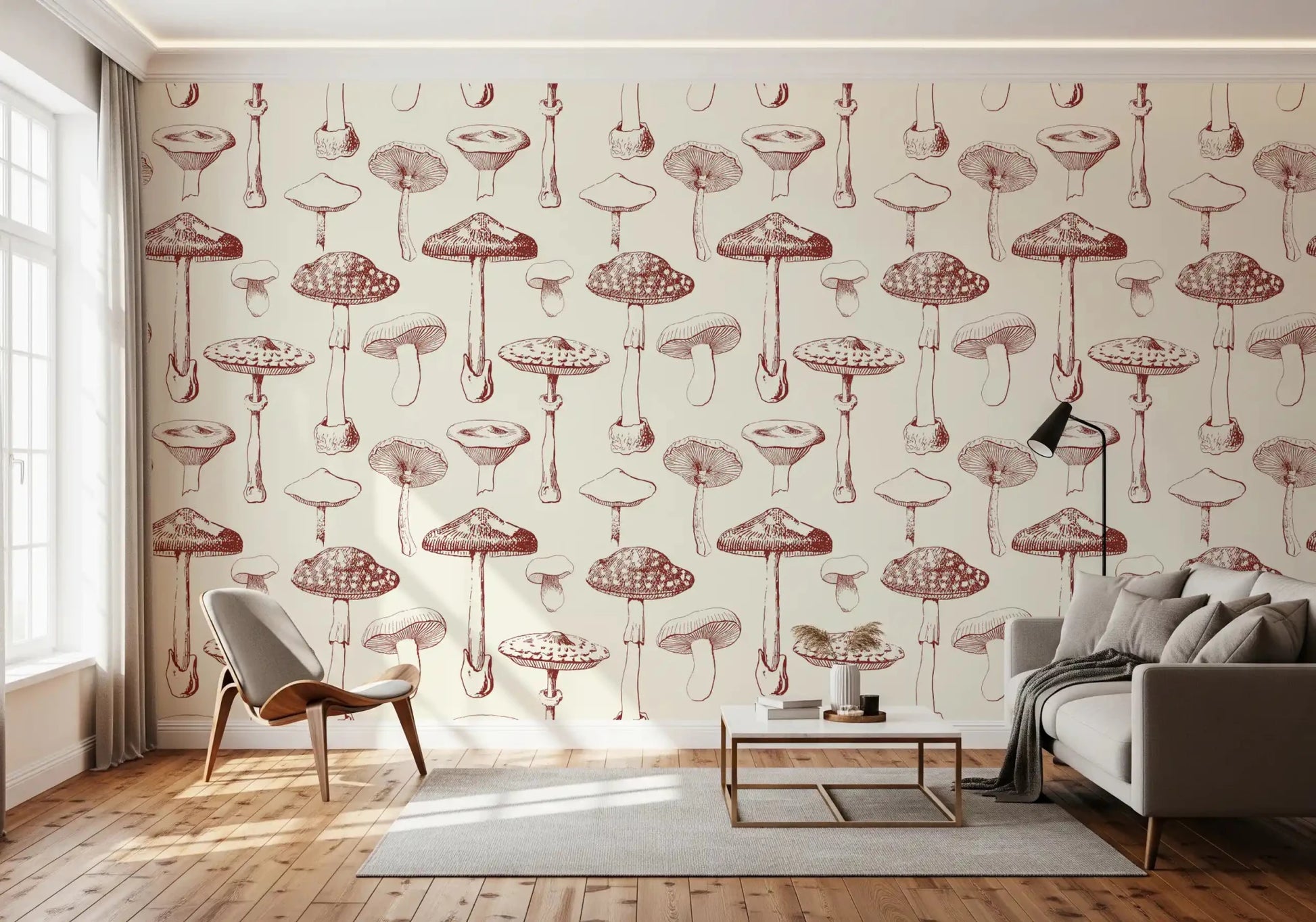Neutral Vintage Mushroom wallpaper with delicate forest sketch detail