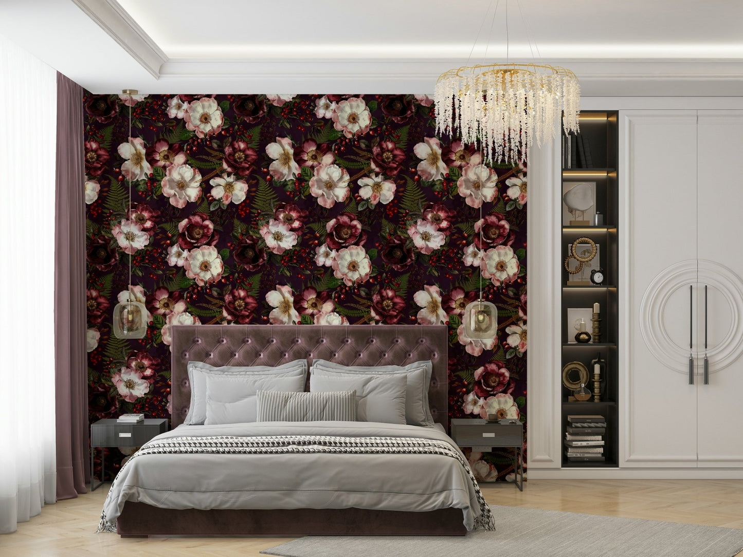 Vintage wallpaper with intricate roses design in dark shades.

