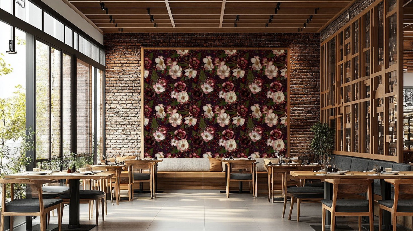 Mystic Night roses wallpaper adding vintage flair to walls.

