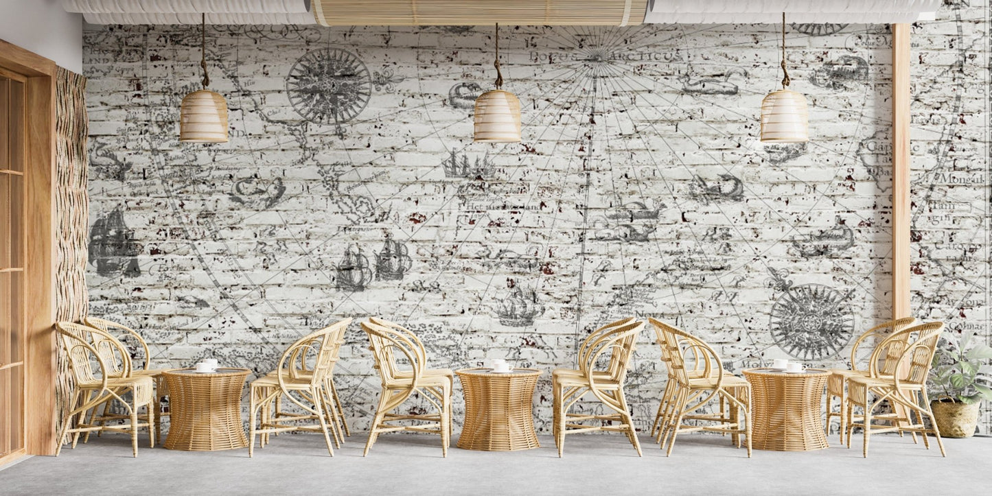 Weathered brick nautical map wallpaper
