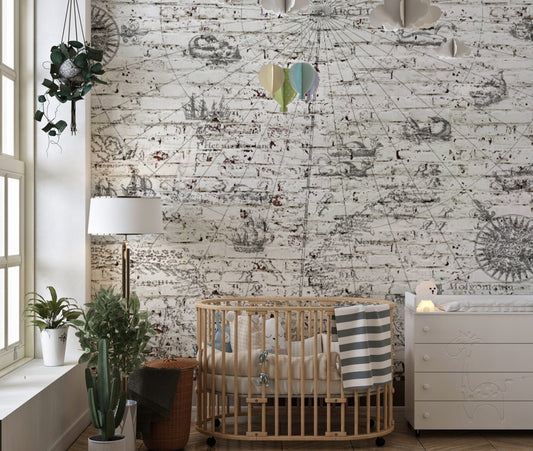 Vintage nautical map brick wall mural
