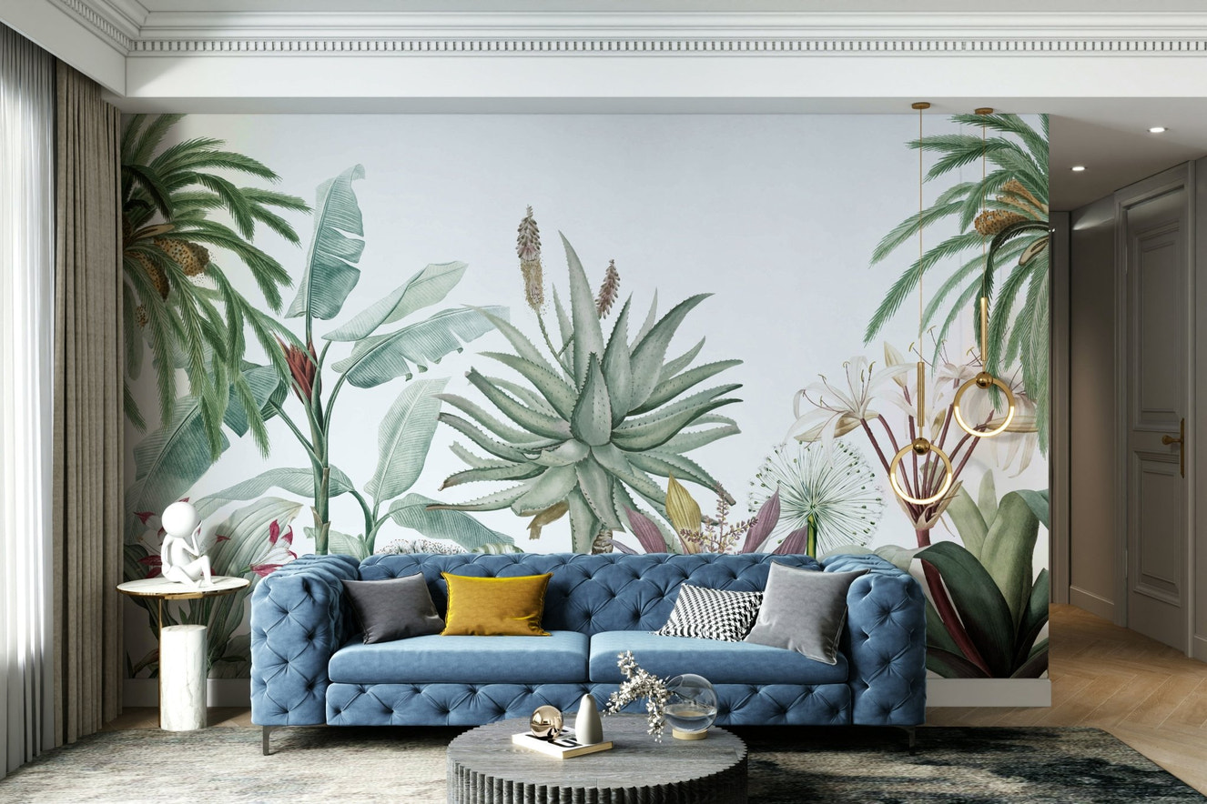 A full-wall mural showing a tropical scene with a vintage aesthetic.
