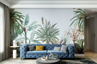 A full-wall mural showing a tropical scene with a vintage aesthetic.
