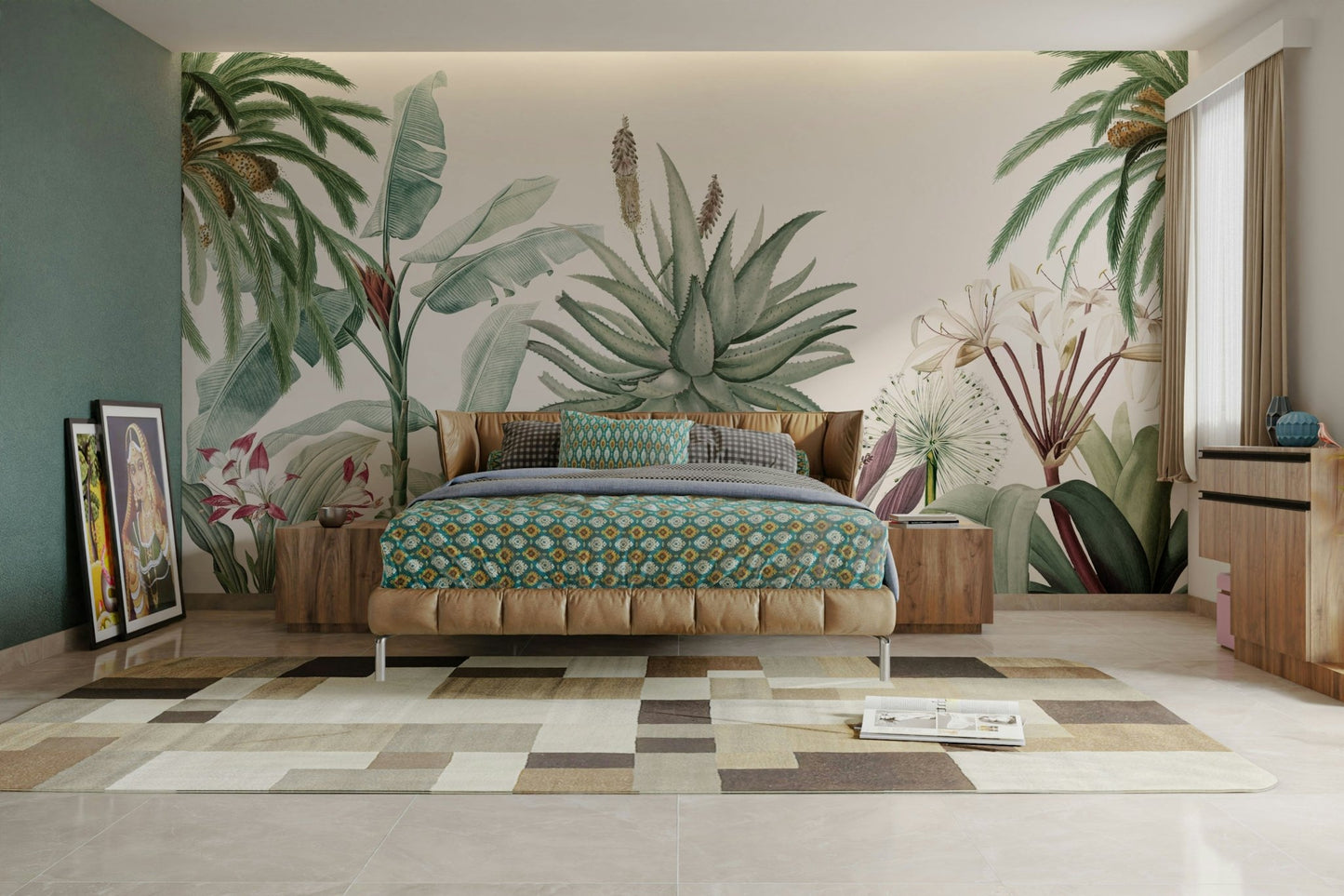 The image features large, stylized palm leaves and other tropical plants.
