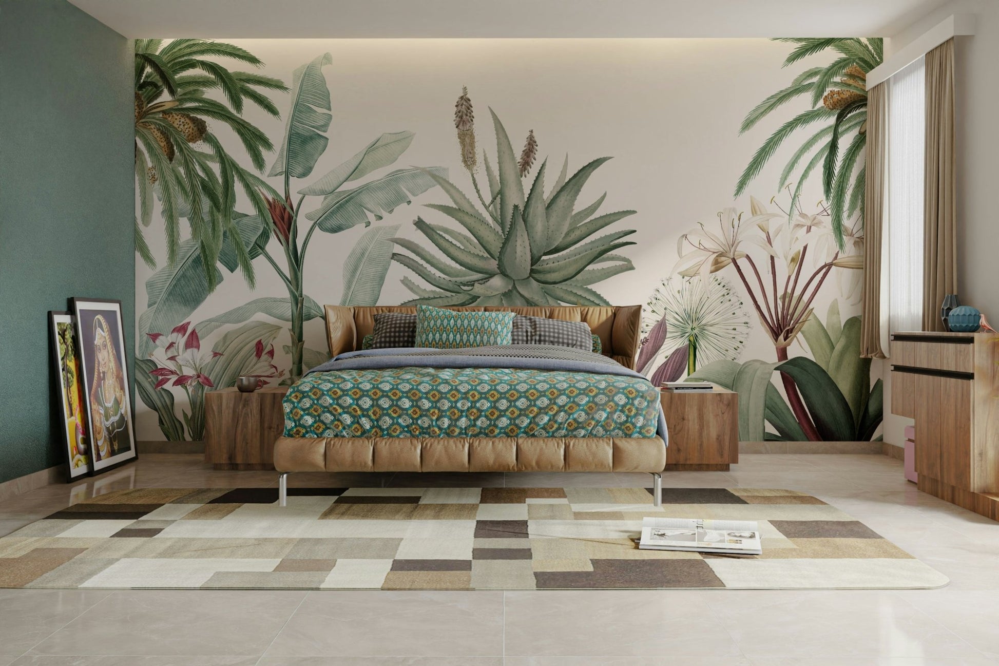 The image features large, stylized palm leaves and other tropical plants.
