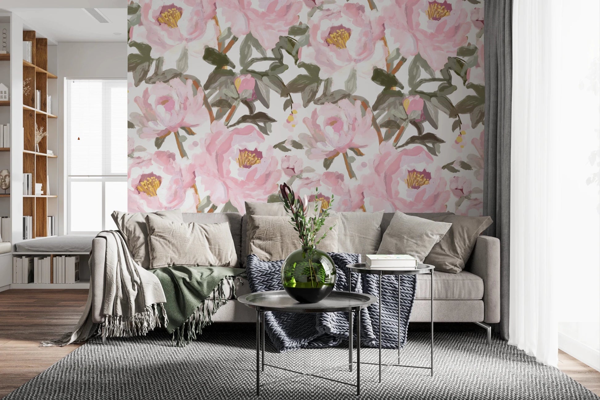 Romantic floral wall mural with soft blush flowers over a bright white background, GD8688