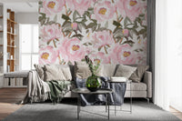 Romantic floral wall mural with soft blush flowers over a bright white background, GD8688