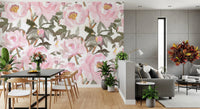 Painterly wall mural with pink peonies and muted botanical leaf detailing, GD8688