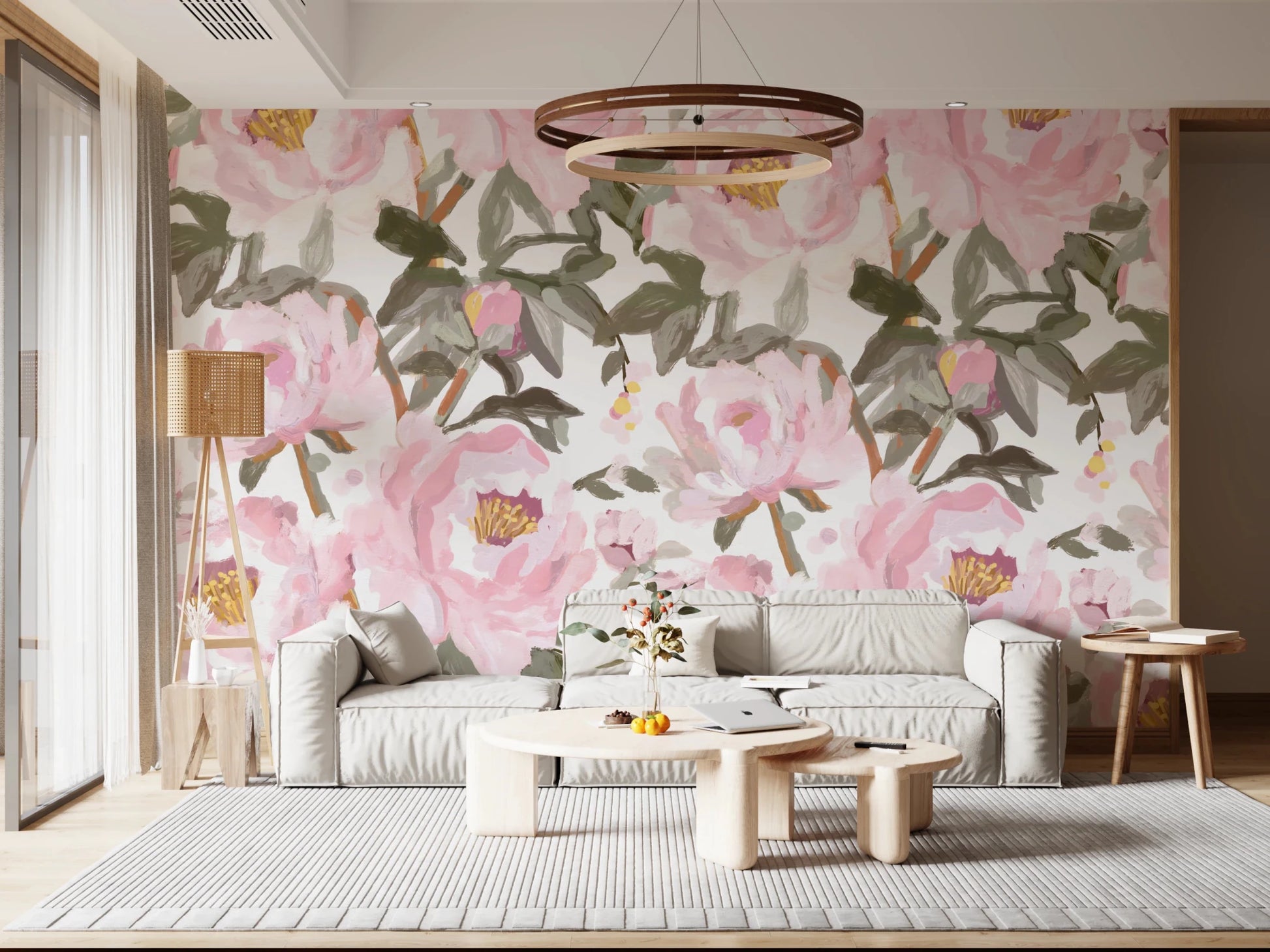 Office wall finished in Oil Painted Wall Mural with large romantic peony flowers, GD8688