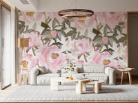 Office wall finished in Oil Painted Wall Mural with large romantic peony flowers, GD8688
