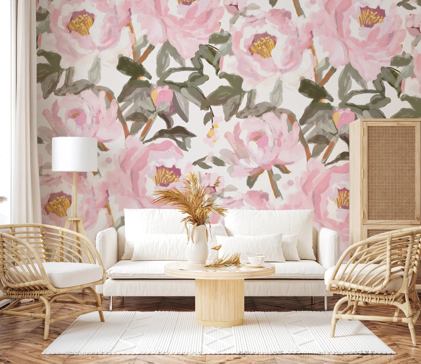 Hallway styled with Peonies Wall Mural and soft pink blooms on a light base, GD8688