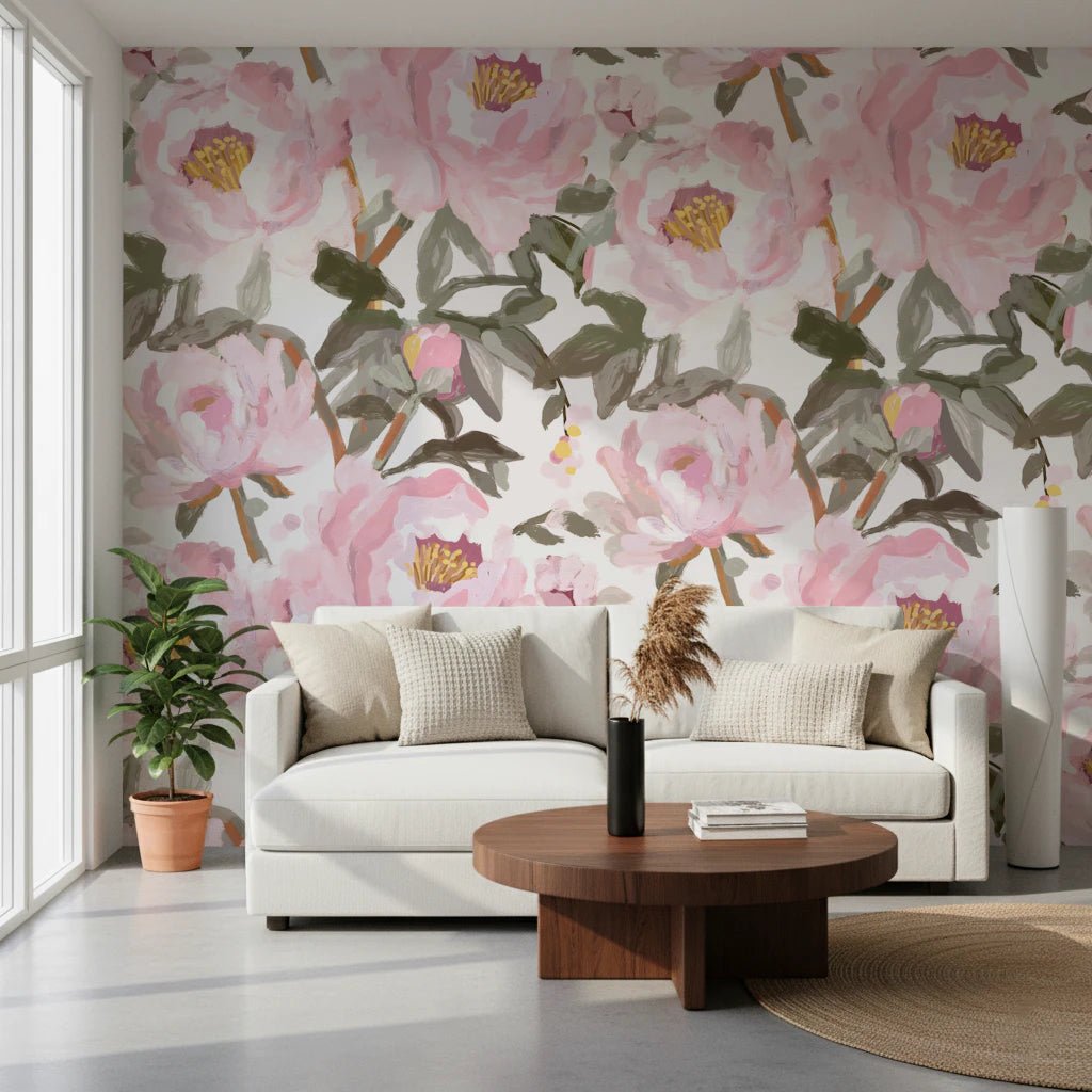 Large-scale wall mural with oil painted peony flowers and airy botanical movement, GD8688