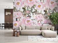 Vintage floral mural with blooming peonies and gentle sage green branch work, GD8688