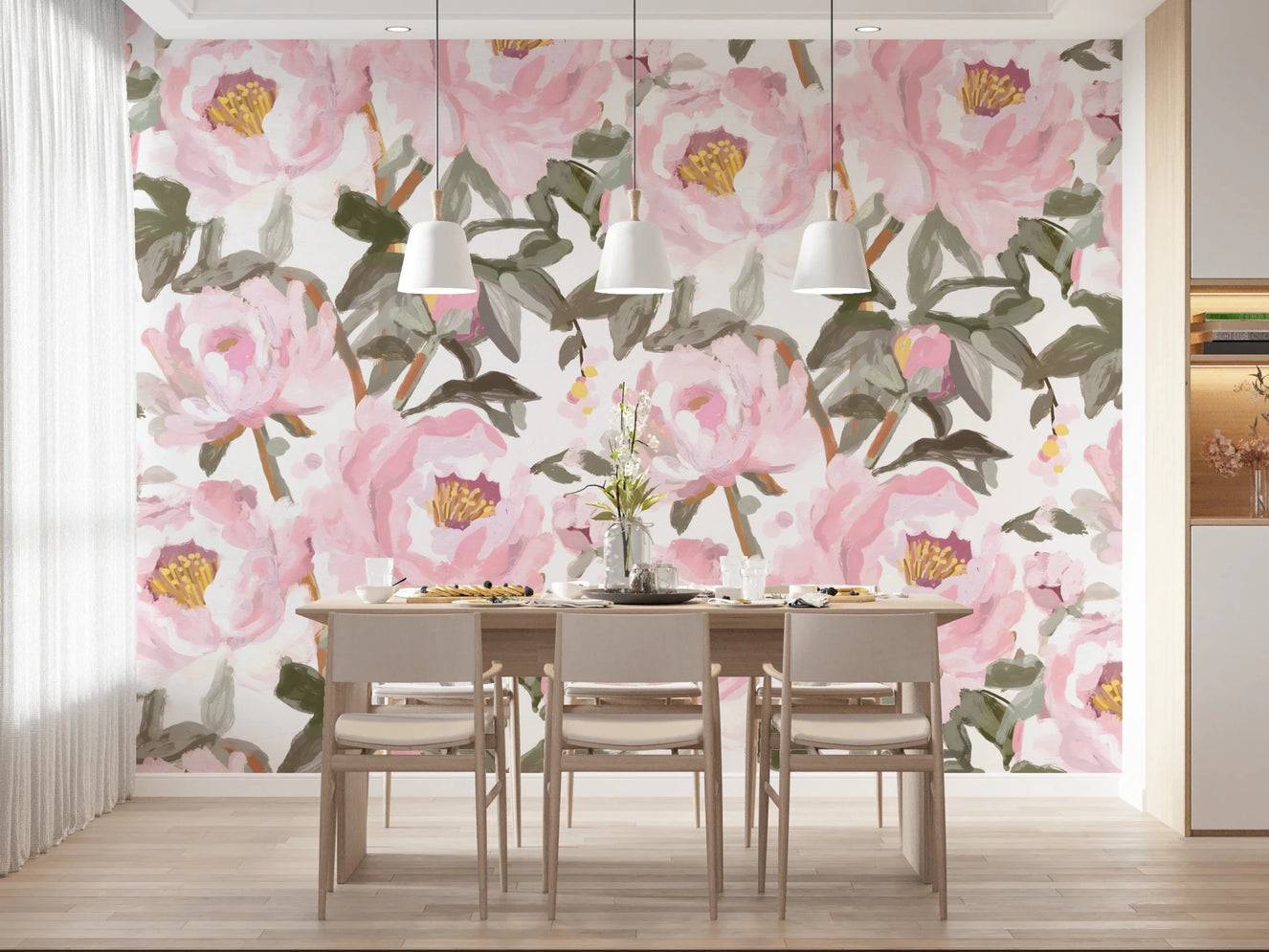 Vintage Oil Painted Peonies wall mural in a dining room with blush floral art