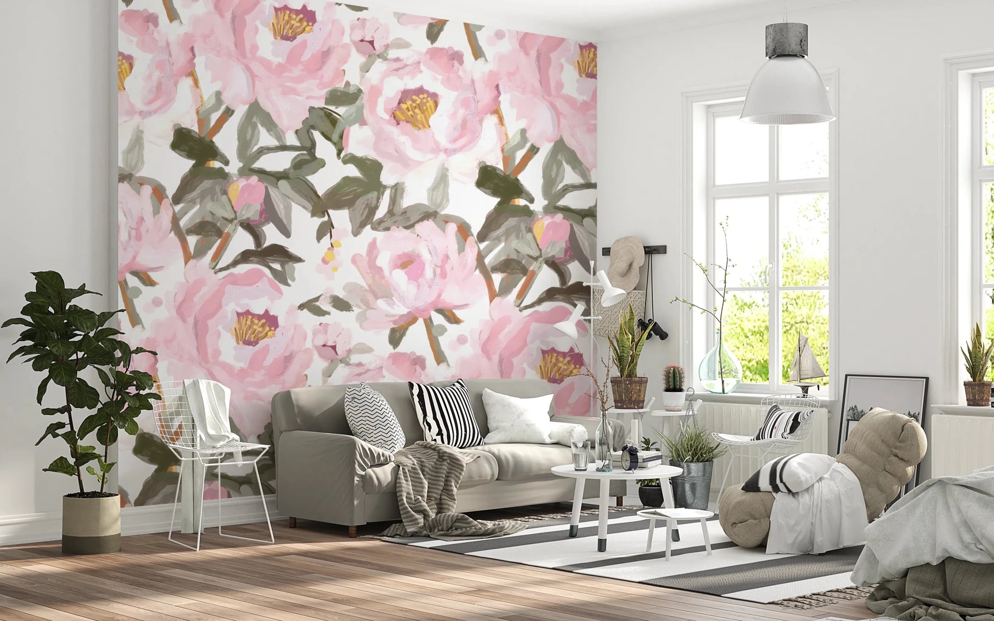 Vintage Oil Painted Peonies Wall Mural with oversized blush blooms and soft foliage, GD8688