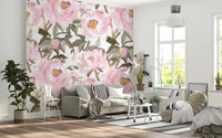 Vintage Oil Painted Peonies Wall Mural with oversized blush blooms and soft foliage, GD8688