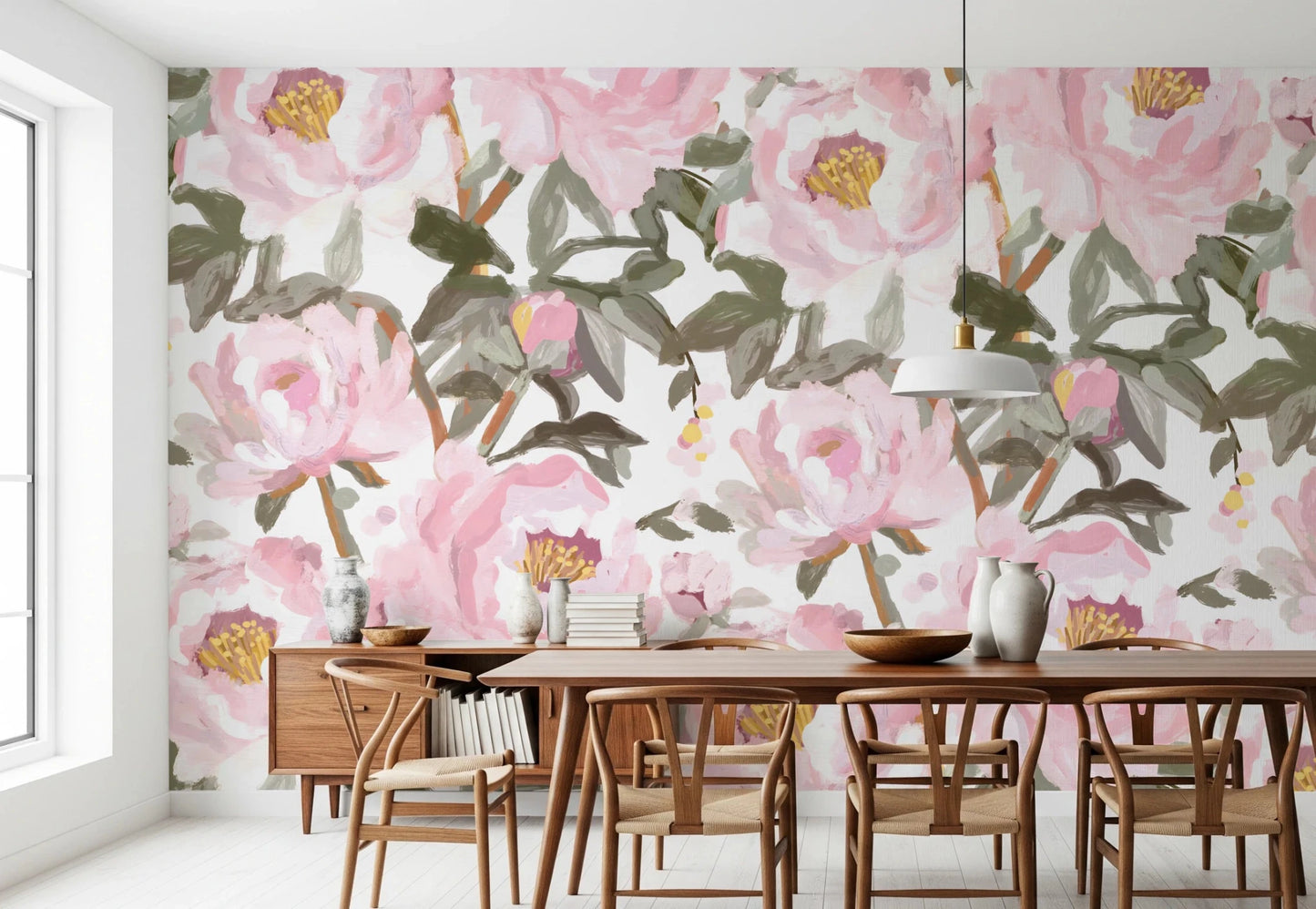 Dining area featuring Vintage Peonies wall mural with painterly petals and green leaves, GD8688