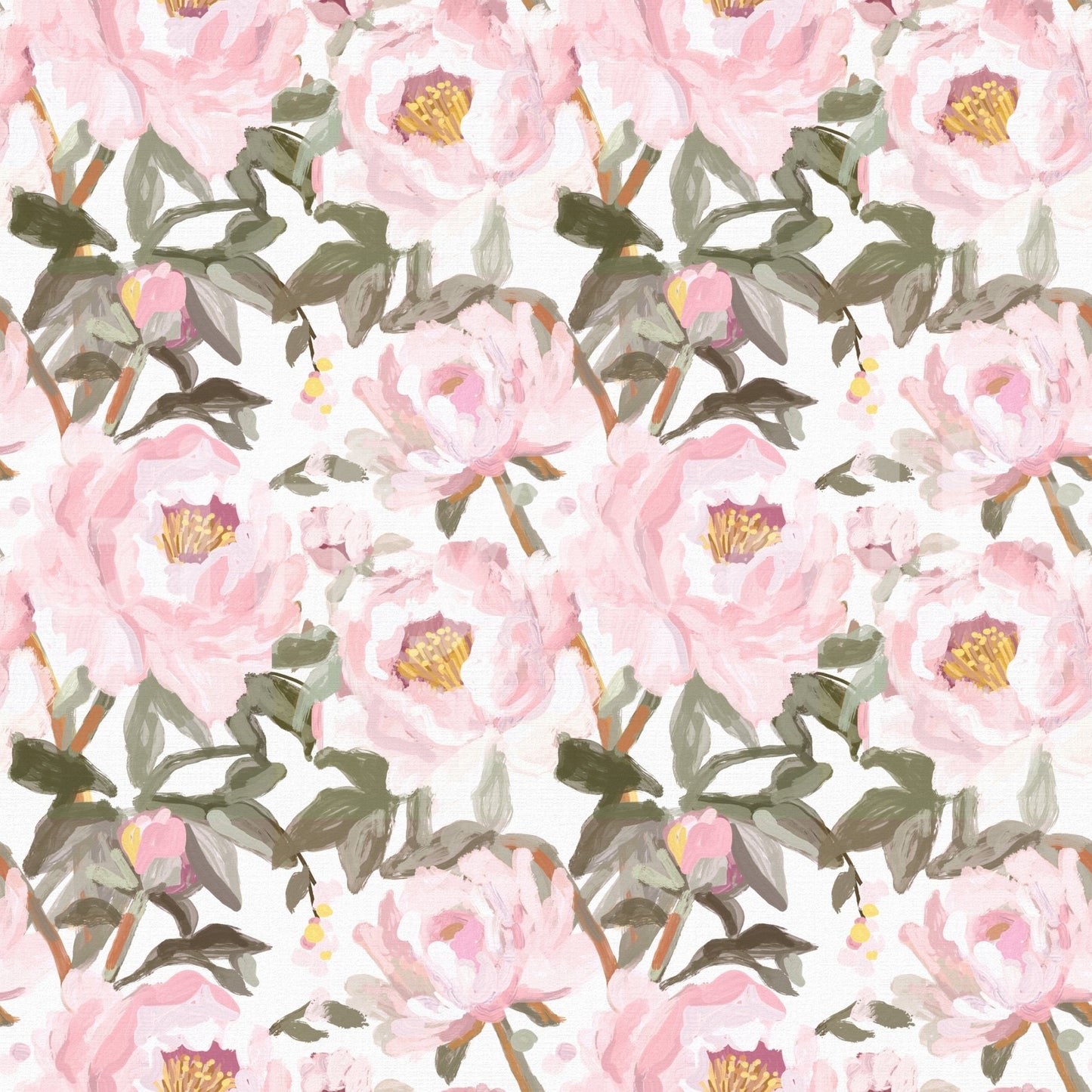 Vintage Oil Painted Wallpaper with soft peony petals and muted leafy branches