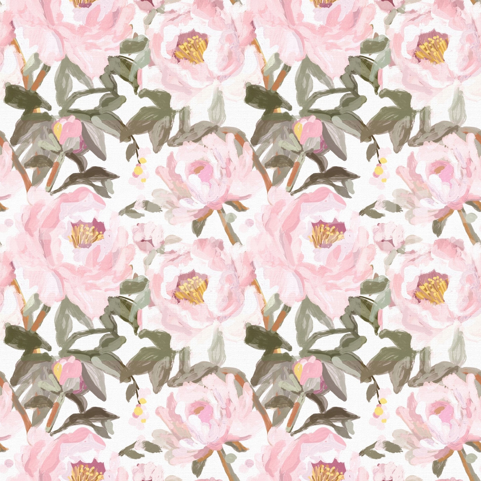Vintage Oil Painted Wallpaper with soft peony petals and muted leafy branches