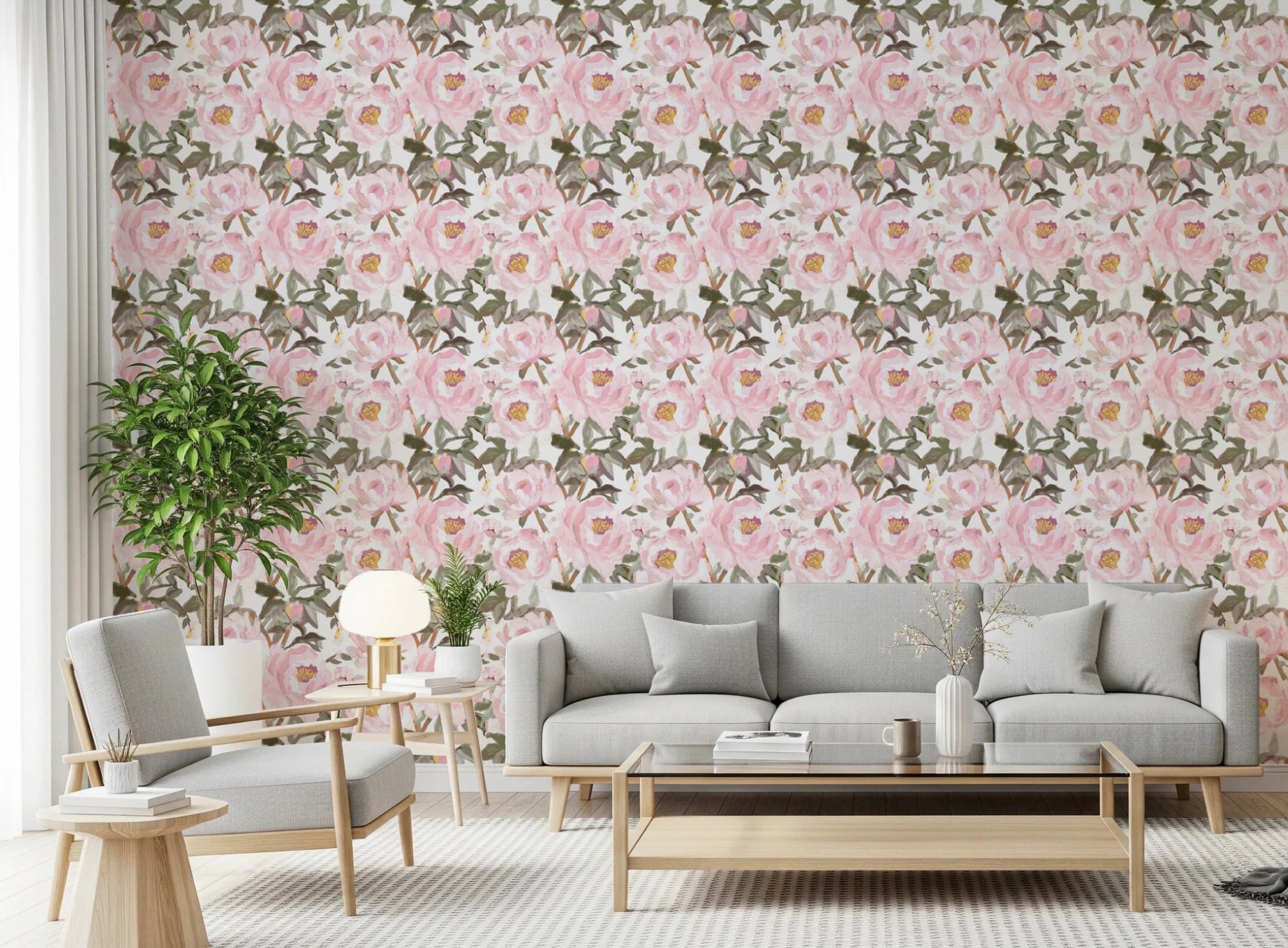 Office wall finished with Pink Floral Wallpaper in a soft romantic pattern