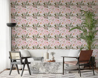 Vintage Floral Wallpaper showing painterly pink peonies on a light ground