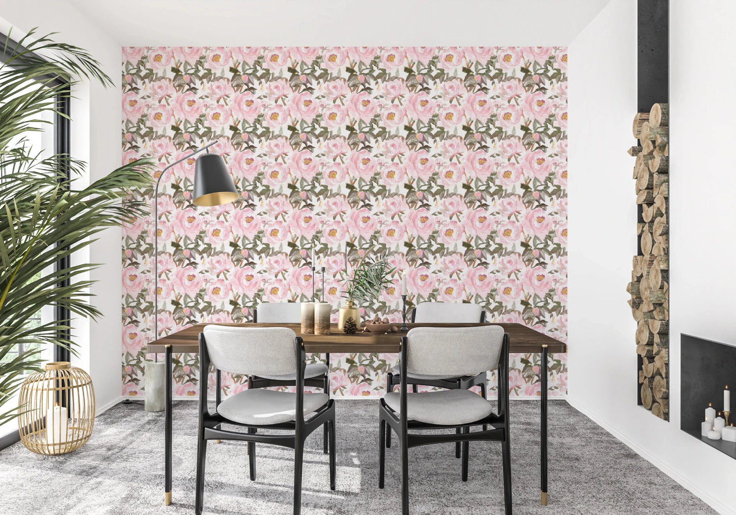 Dining area styled in Romantic Petals Wallpaper with soft pink peony blooms