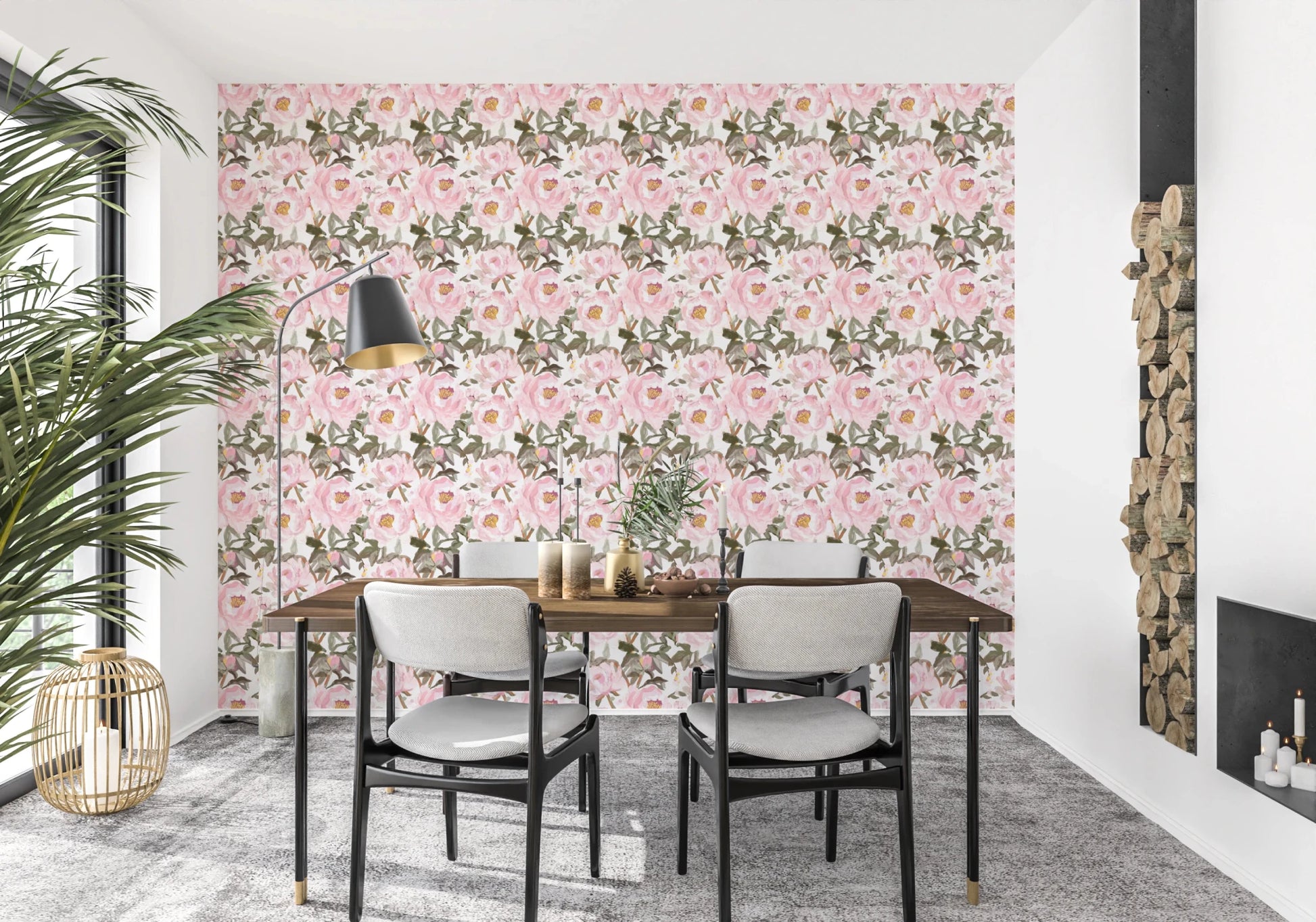 Dining area styled in Romantic Petals Wallpaper with soft pink peony blooms