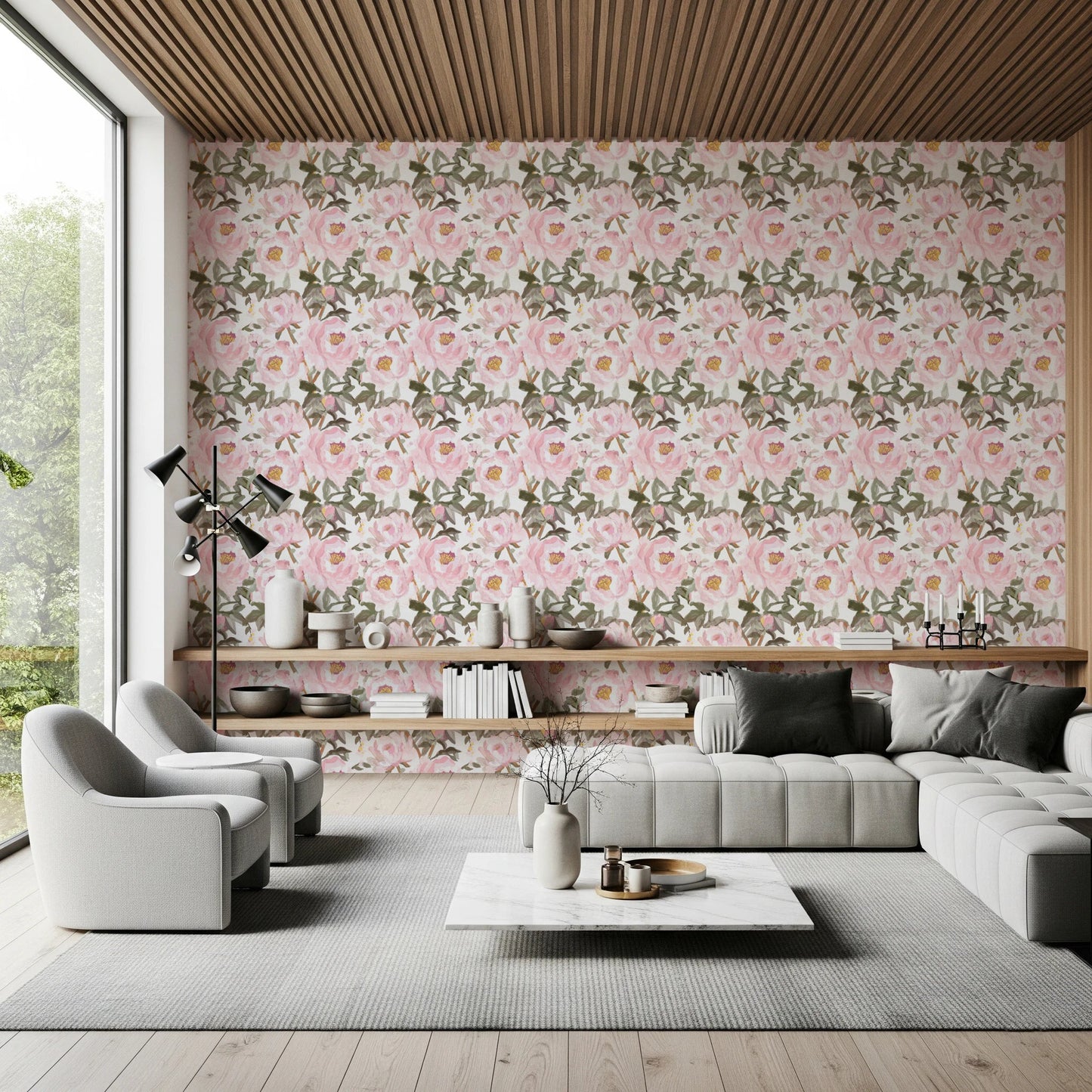 Soft floral Wallpaper with romantic petals and large blush peony detailing