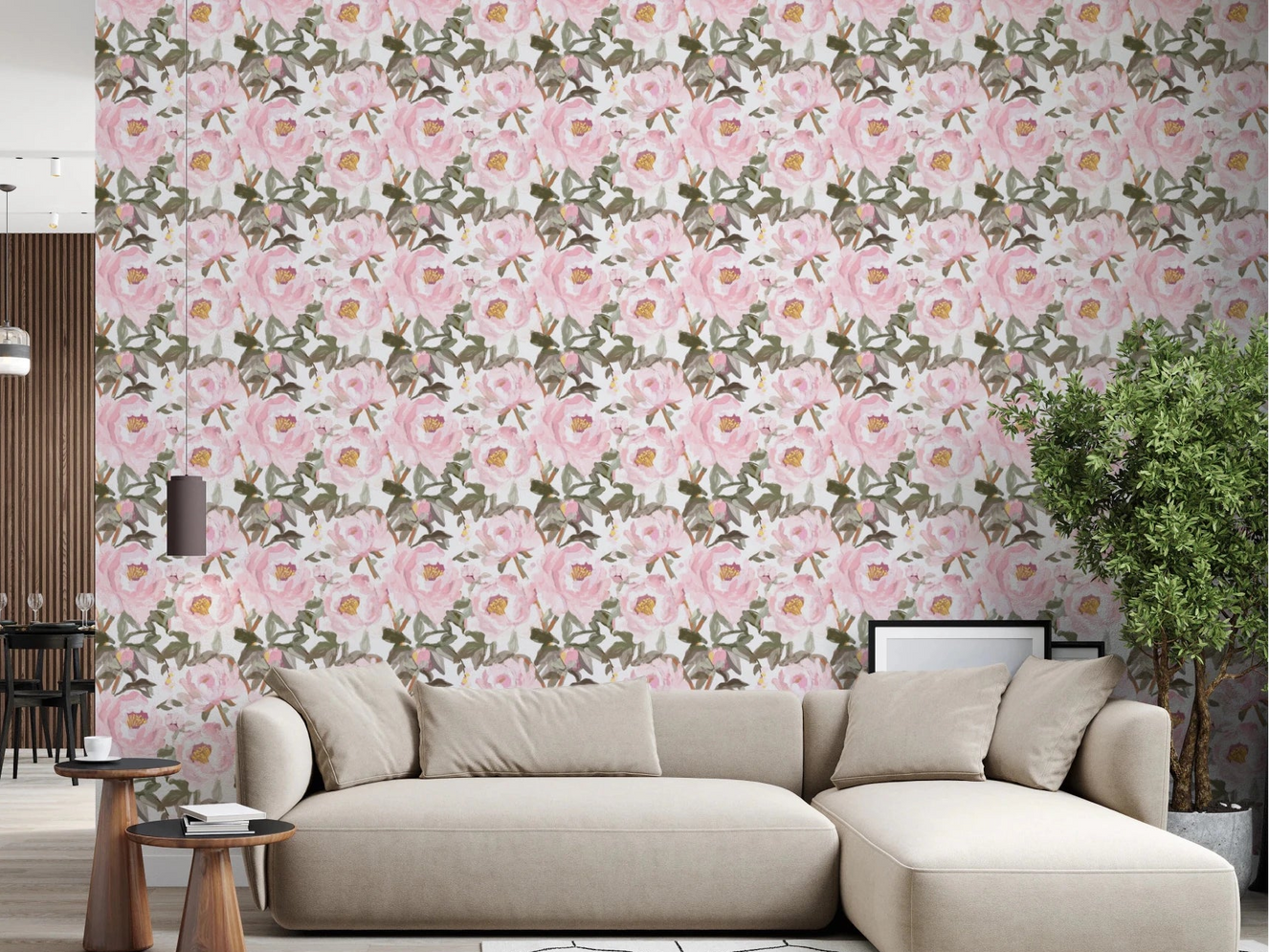 Living room with Pink Peonies Wallpaper in a vintage oil painted floral style