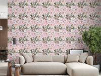 Living room with Pink Peonies Wallpaper in a vintage oil painted floral style