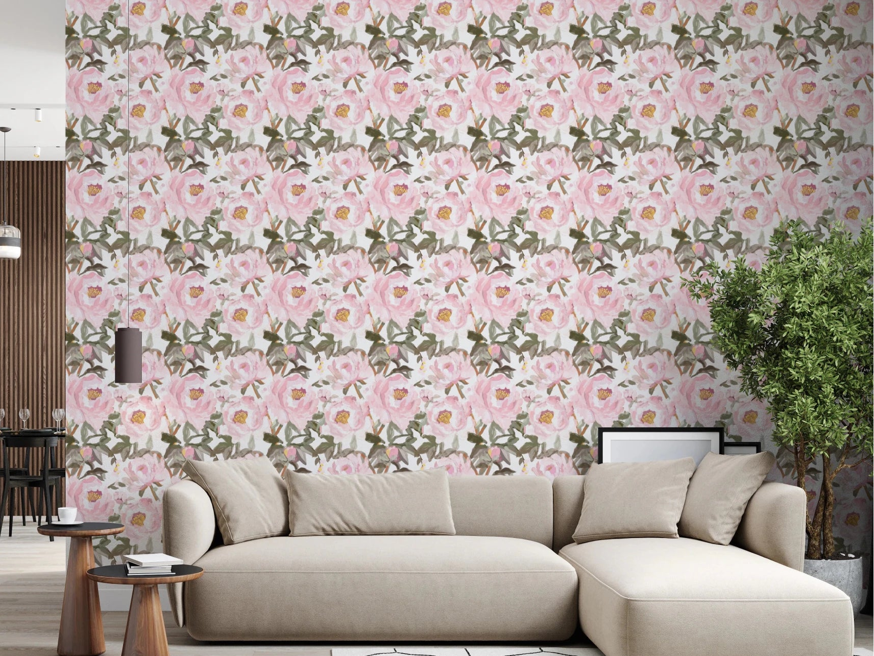 Living room with Pink Peonies Wallpaper in a vintage oil painted floral style, GD8689