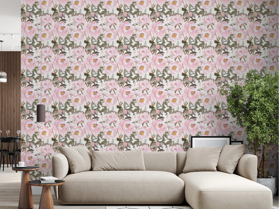 Living room with Pink Peonies Wallpaper in a vintage oil painted floral style, GD8689