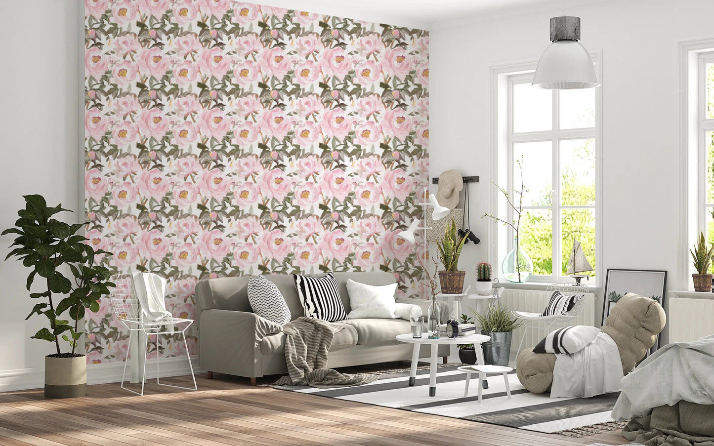 Oil Painted Wallpaper with blooming pink flowers and subtle botanical contrast