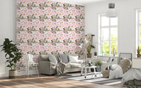Oil Painted Wallpaper with blooming pink flowers and subtle botanical contrast