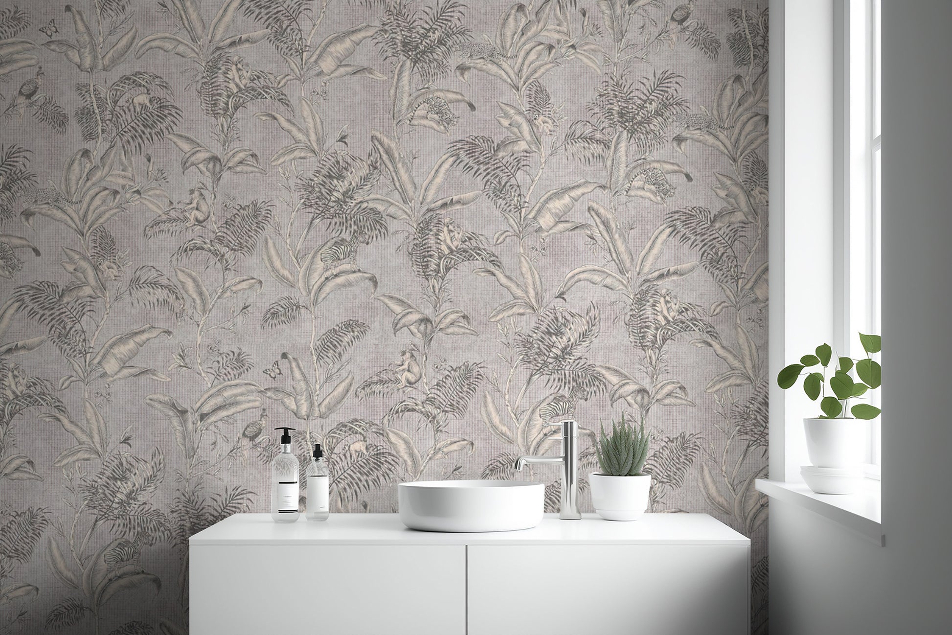 Neutral palm leaves mural for interiors
