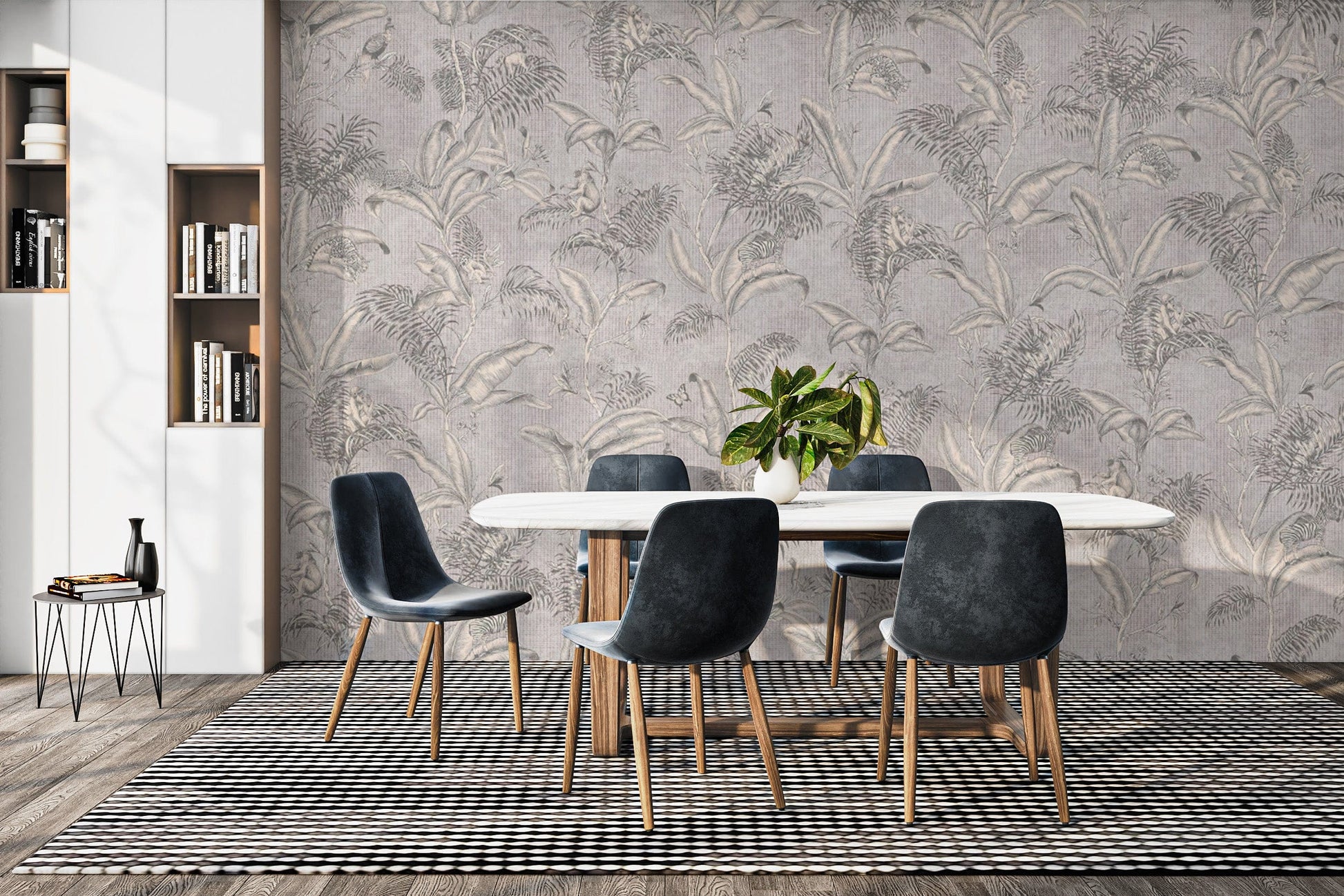 Muted tropical leaves wallpaper design
