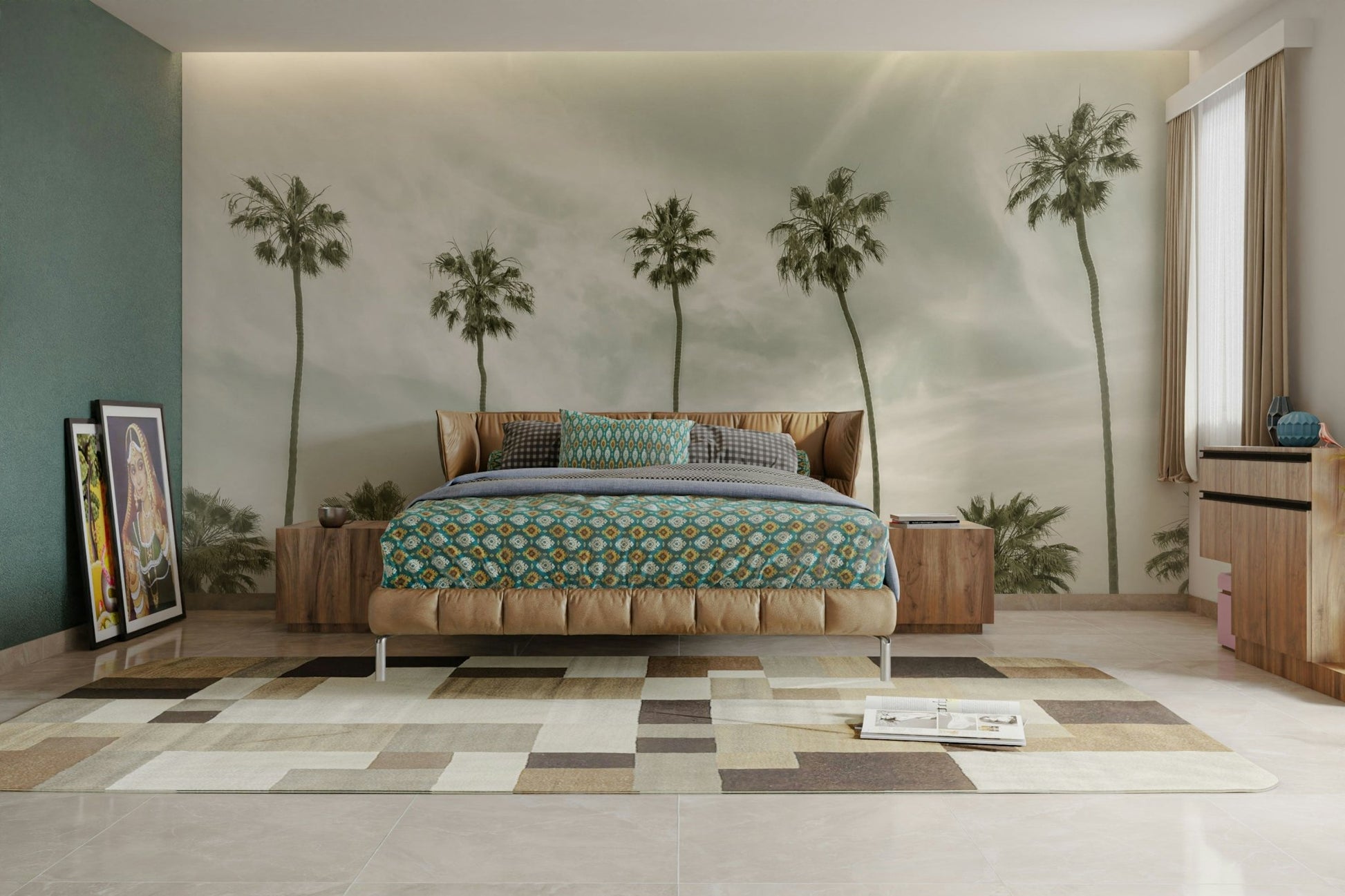 Vintage palm tree wall mural with a tropical beach backdrop.

