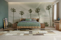 Vintage palm tree wall mural with a tropical beach backdrop.

