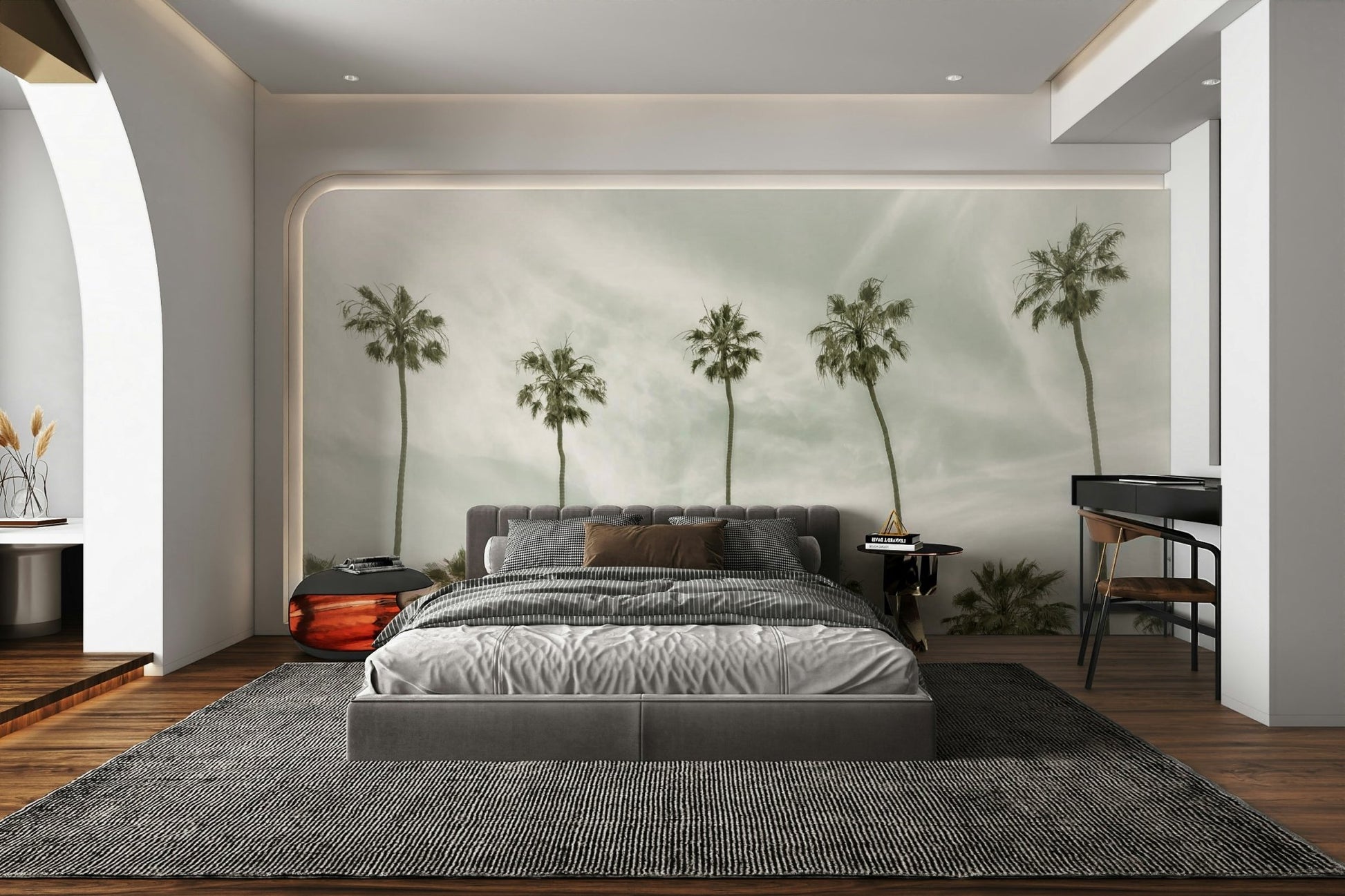 Palm tree mural in faded sepia and soft beach hues.


