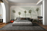 Palm tree mural in faded sepia and soft beach hues.

