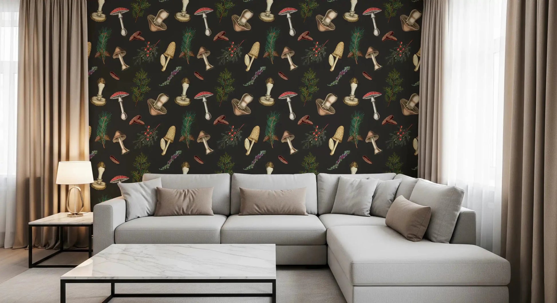 Living room space with Mushrooms Fir Trees wallpaper on dark ground