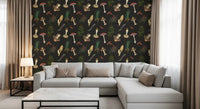 Living room space with Mushrooms Fir Trees wallpaper on dark ground