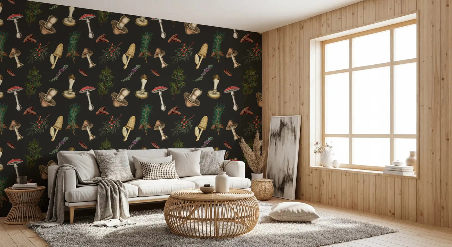 Hallway styled with Vintage Pattern wallpaper and mushroom forms
