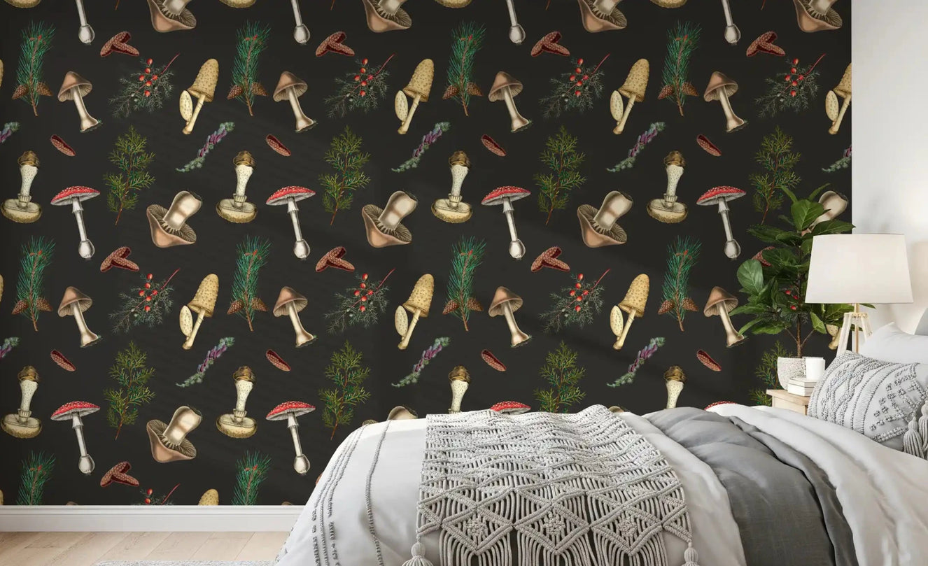 Bedroom wall in Forest Fir Trees wallpaper with vintage fungi